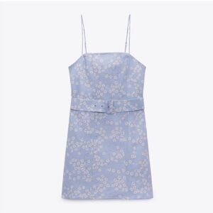 NWT | ZARA - Floral Printed Linen Blend Blue Dress SS2021